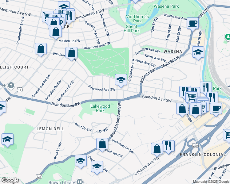 map of restaurants, bars, coffee shops, grocery stores, and more near 1244 Sherwood Avenue Southwest in Roanoke