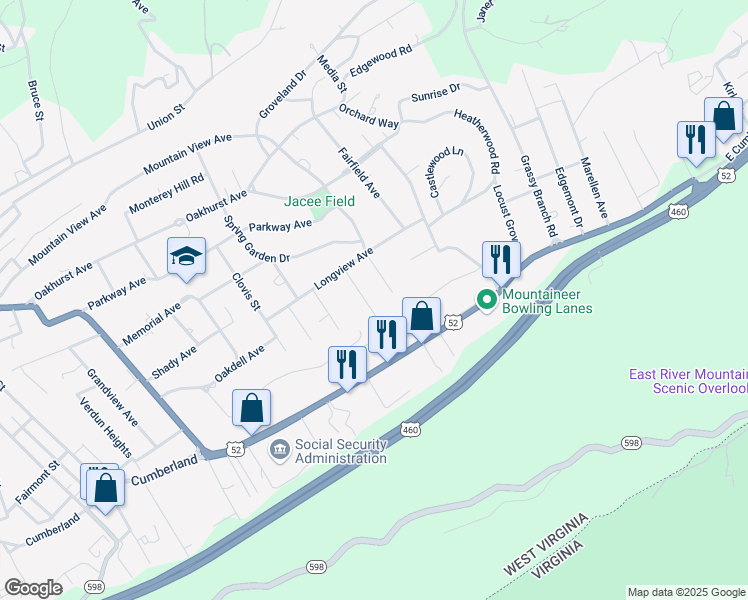 map of restaurants, bars, coffee shops, grocery stores, and more near 2701-2735 Mountain View Avenue in Bluefield