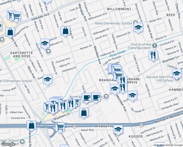 map of restaurants, bars, coffee shops, grocery stores, and more near 1579 Corte De Pearson in San Jose