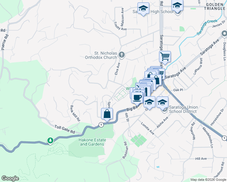map of restaurants, bars, coffee shops, grocery stores, and more near 14471 Springer Avenue in Saratoga