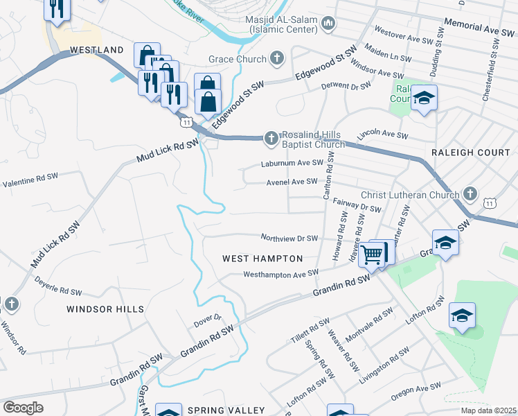 map of restaurants, bars, coffee shops, grocery stores, and more near 2748 Avenel Avenue Southwest in Roanoke