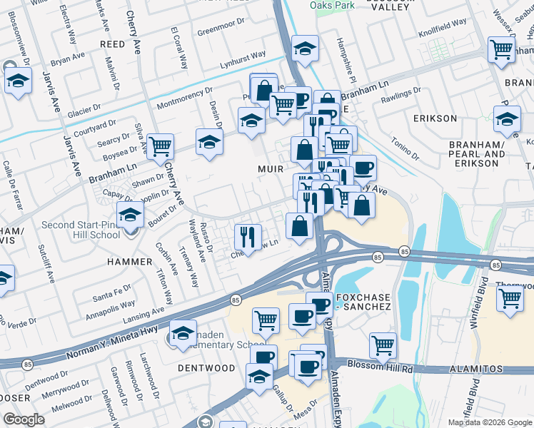map of restaurants, bars, coffee shops, grocery stores, and more near 4970 Cherry Avenue in San Jose