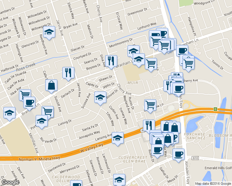 map of restaurants, bars, coffee shops, grocery stores, and more near 1322 Joplin Drive in San Jose