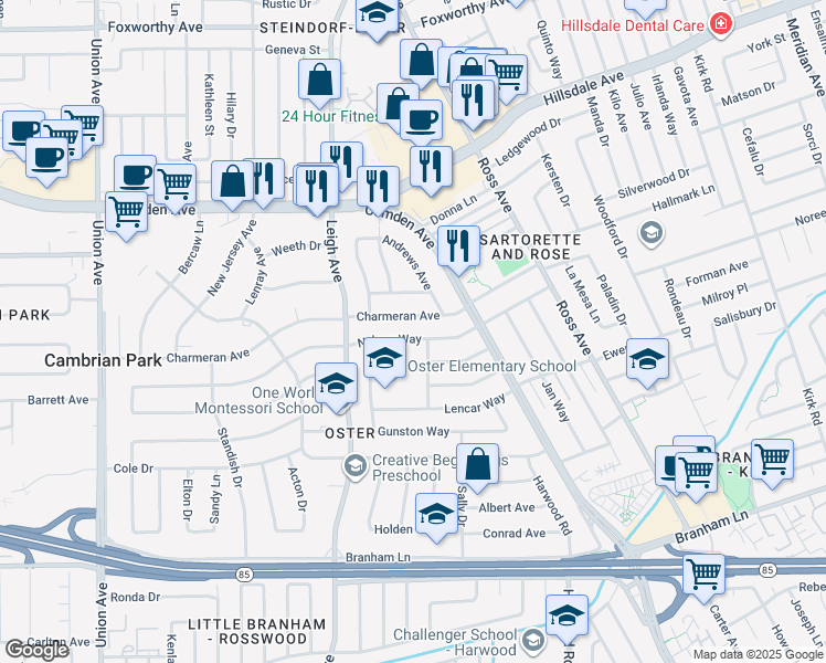 map of restaurants, bars, coffee shops, grocery stores, and more near in San Jose