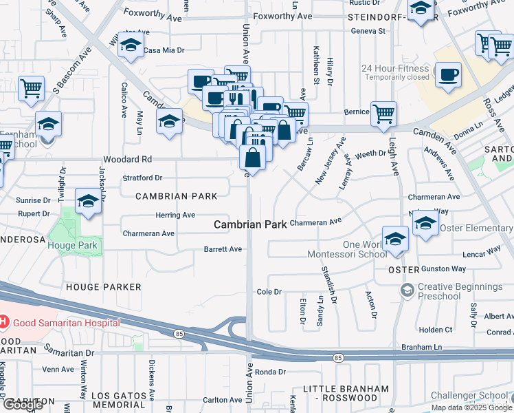 map of restaurants, bars, coffee shops, grocery stores, and more near 14478 Union Avenue in San Jose