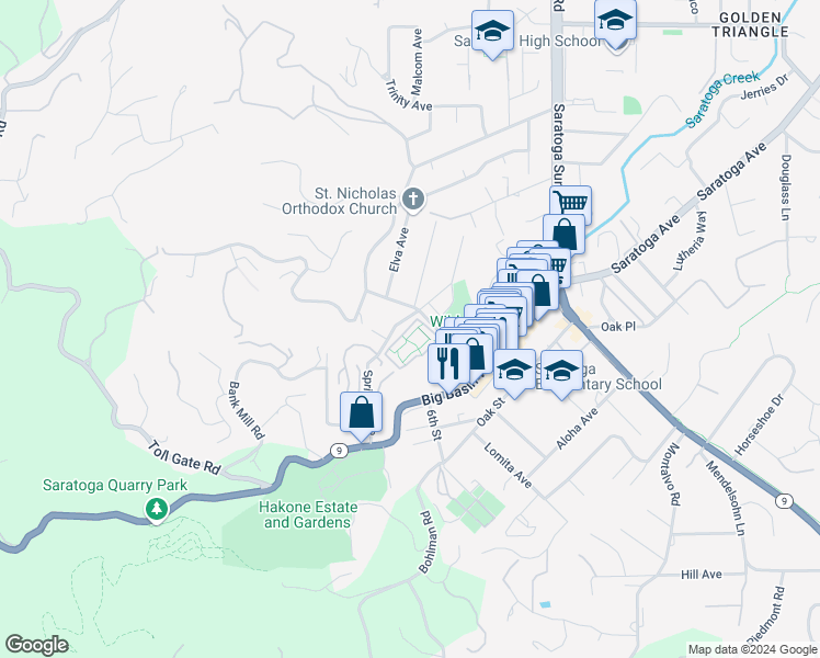 map of restaurants, bars, coffee shops, grocery stores, and more near 14400 Springer Avenue in Saratoga