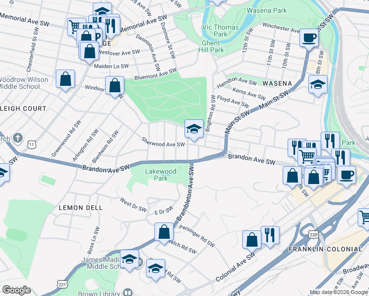 map of restaurants, bars, coffee shops, grocery stores, and more near 1244 Sherwood Avenue Southwest in Roanoke