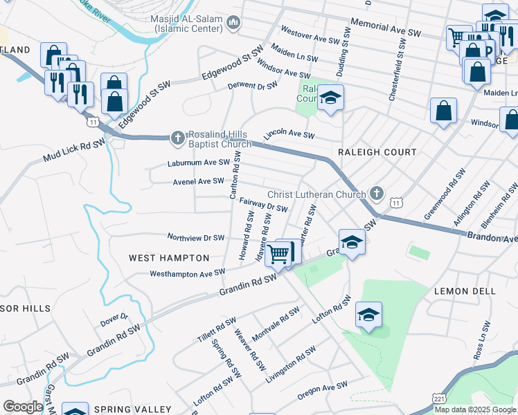 map of restaurants, bars, coffee shops, grocery stores, and more near 2414 Fairway Drive Southwest in Roanoke