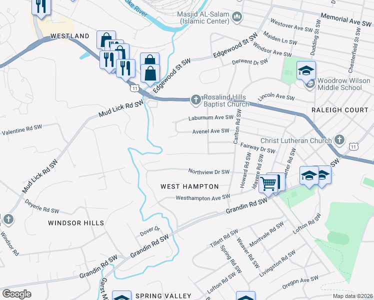 map of restaurants, bars, coffee shops, grocery stores, and more near 2748 Avenel Avenue Southwest in Roanoke