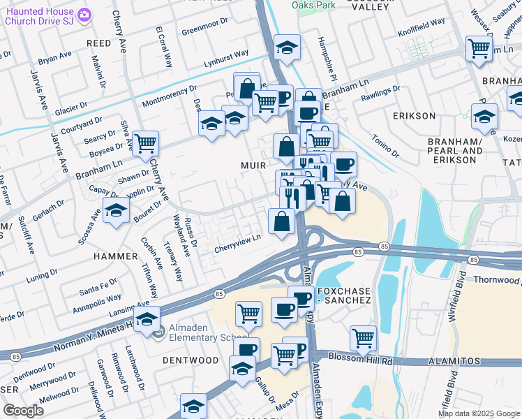 map of restaurants, bars, coffee shops, grocery stores, and more near 1115 Odyssey Court in San Jose