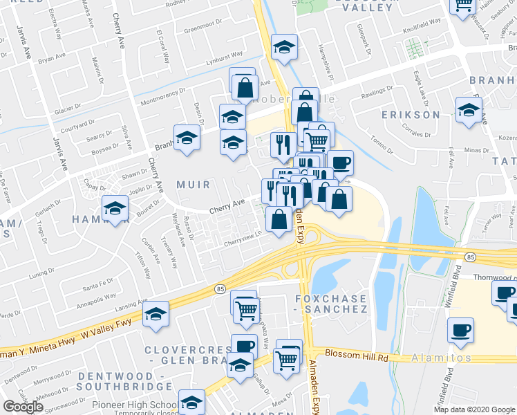 map of restaurants, bars, coffee shops, grocery stores, and more near 1115 Odyssey Court in San Jose