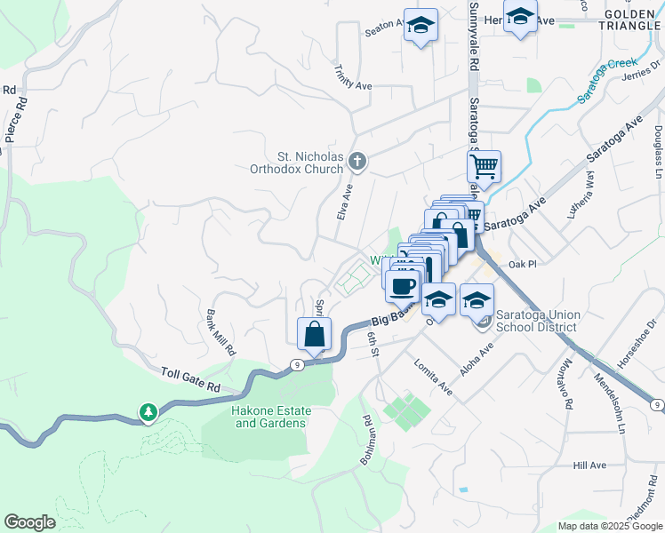 map of restaurants, bars, coffee shops, grocery stores, and more near 14471 Springer Avenue in Saratoga