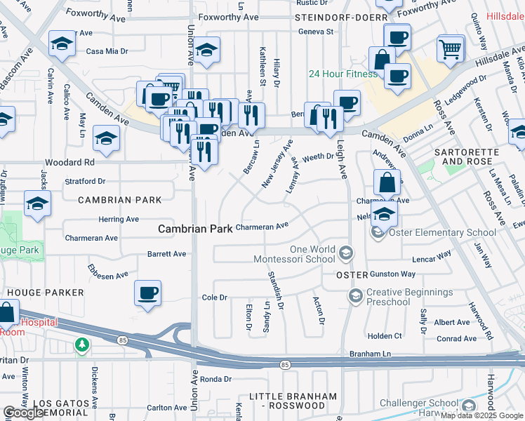 map of restaurants, bars, coffee shops, grocery stores, and more near 14770 Wyrick Avenue in San Jose
