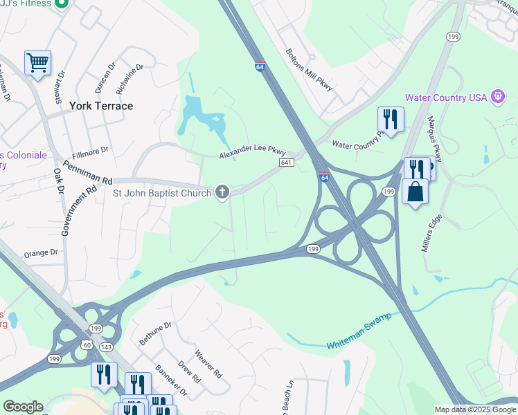 map of restaurants, bars, coffee shops, grocery stores, and more near 116 Old Hollow Road in Williamsburg