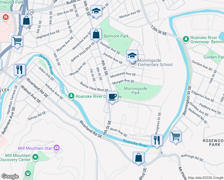 map of restaurants, bars, coffee shops, grocery stores, and more near 999 Morgan Avenue Southeast in Roanoke