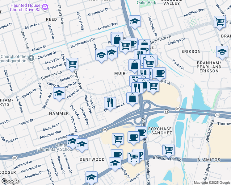 map of restaurants, bars, coffee shops, grocery stores, and more near 4970 Cherry Avenue in San Jose