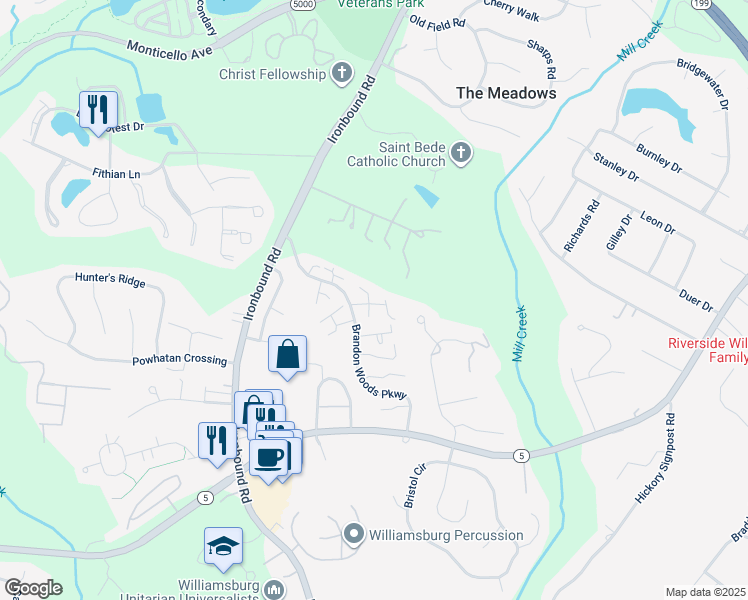 map of restaurants, bars, coffee shops, grocery stores, and more near 3300 Sommersby Court in Williamsburg