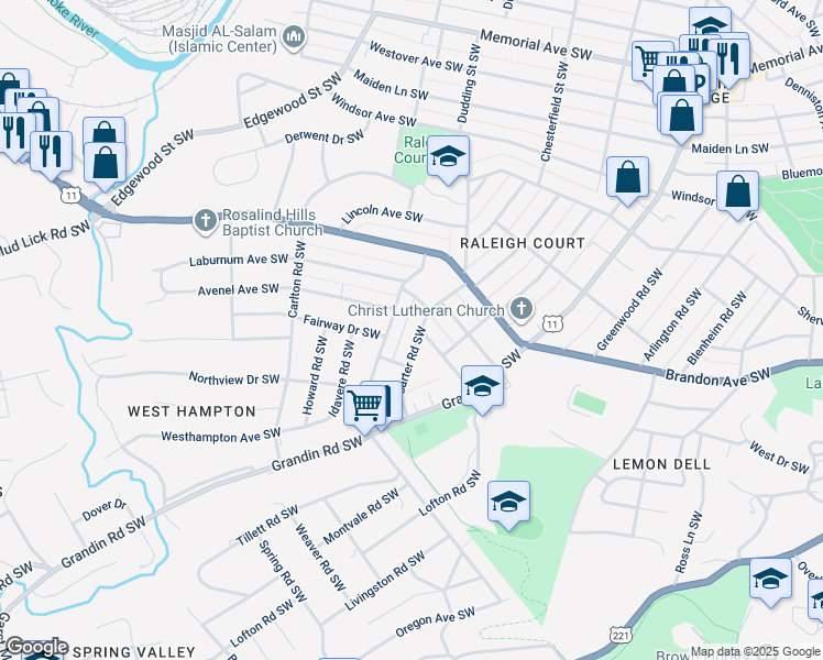 map of restaurants, bars, coffee shops, grocery stores, and more near 2201 Carter Road Southwest in Roanoke