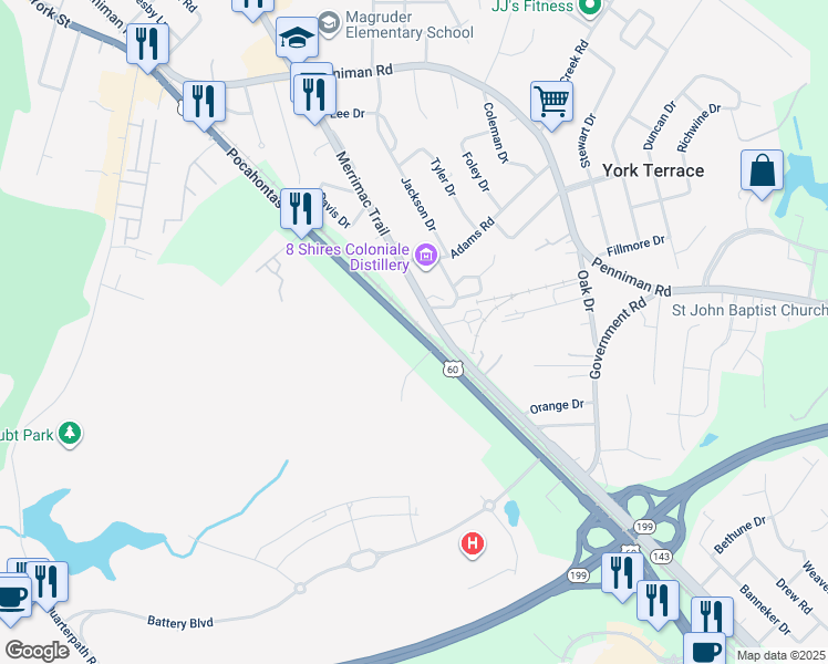 map of restaurants, bars, coffee shops, grocery stores, and more near Pocahontas Trail in Williamsburg