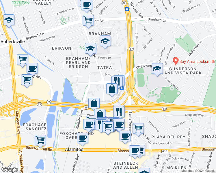 map of restaurants, bars, coffee shops, grocery stores, and more near 5110 Severance Drive in San Jose