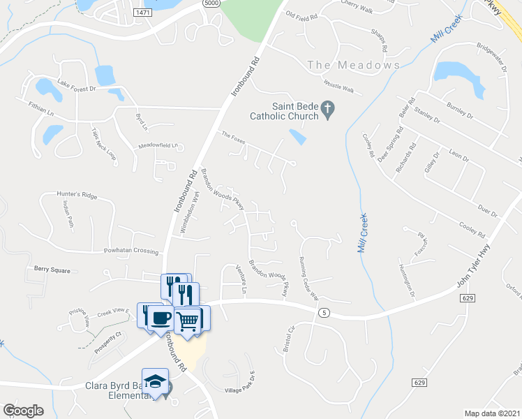 map of restaurants, bars, coffee shops, grocery stores, and more near 3300 Sommersby Court in Williamsburg