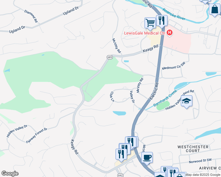 map of restaurants, bars, coffee shops, grocery stores, and more near 5663 Club Lane in Roanoke