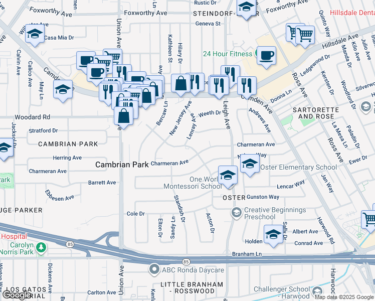 map of restaurants, bars, coffee shops, grocery stores, and more near 14690 Wyrick Avenue in San Jose