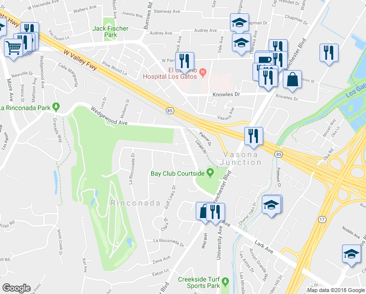 map of restaurants, bars, coffee shops, grocery stores, and more near 104 Lancewood Place in Los Gatos