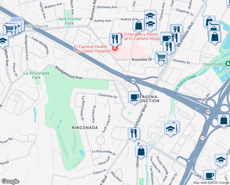 map of restaurants, bars, coffee shops, grocery stores, and more near 104 Lancewood Place in Los Gatos