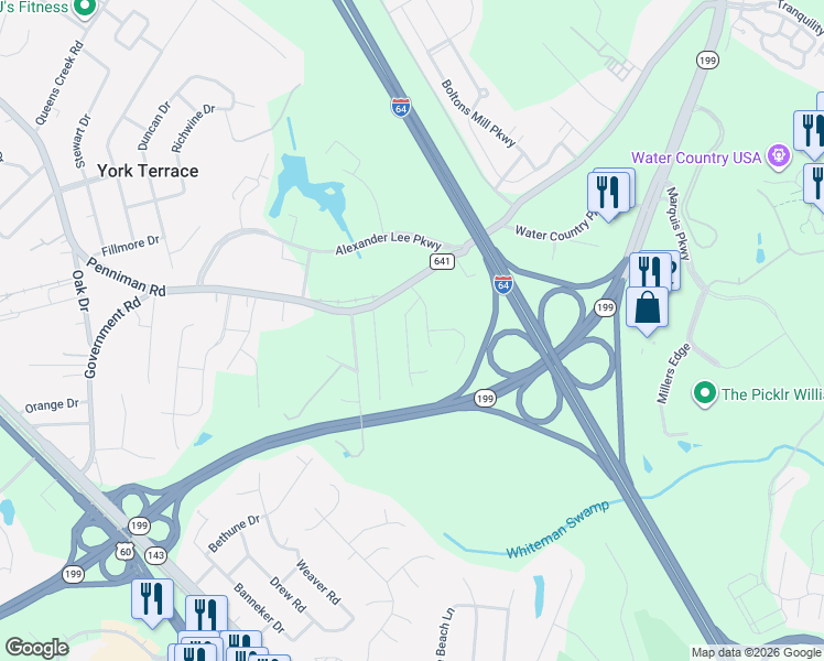 map of restaurants, bars, coffee shops, grocery stores, and more near 108 Old Hollow Road in Williamsburg