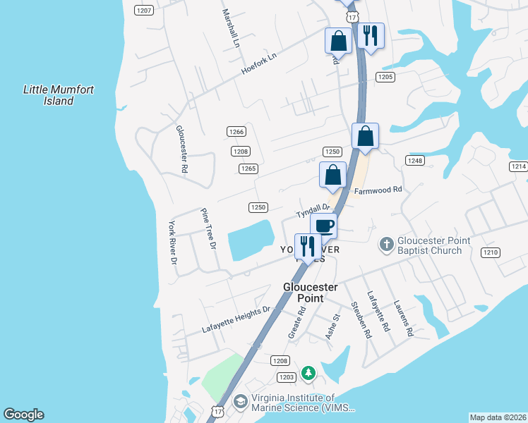 map of restaurants, bars, coffee shops, grocery stores, and more near 7439 Bellehaven Drive in Gloucester Point