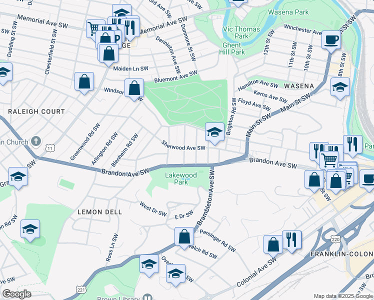 map of restaurants, bars, coffee shops, grocery stores, and more near 1902 Warrington Road Southwest in Roanoke