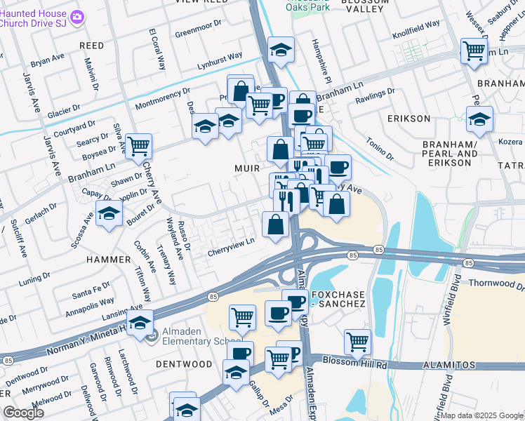 map of restaurants, bars, coffee shops, grocery stores, and more near 4519 Waterville Drive in San Jose