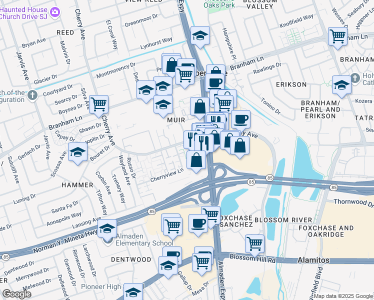 map of restaurants, bars, coffee shops, grocery stores, and more near 4519 Waterville Drive in San Jose