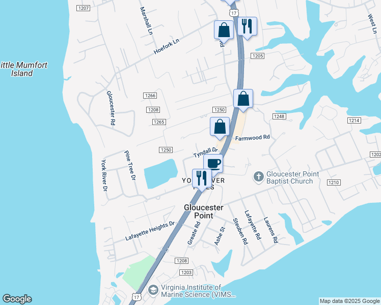 map of restaurants, bars, coffee shops, grocery stores, and more near 7534 Backcorner Drive in Gloucester Point