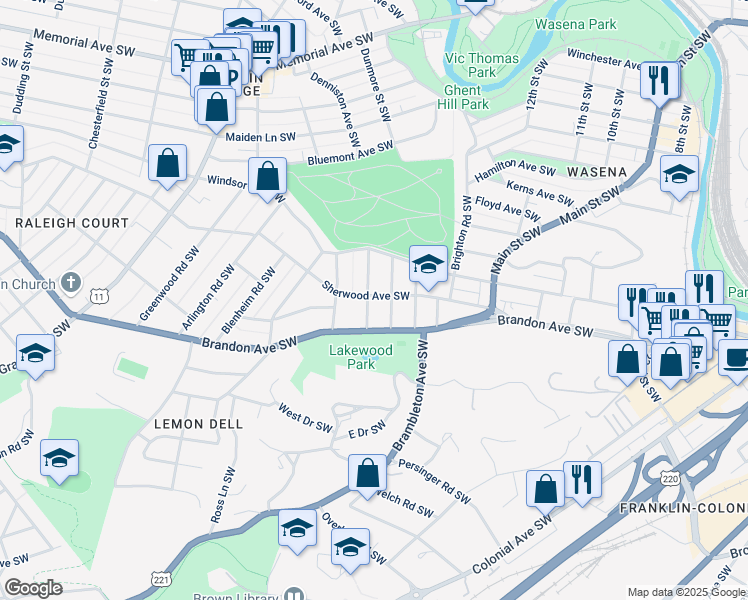 map of restaurants, bars, coffee shops, grocery stores, and more near 1902 Warrington Road Southwest in Roanoke
