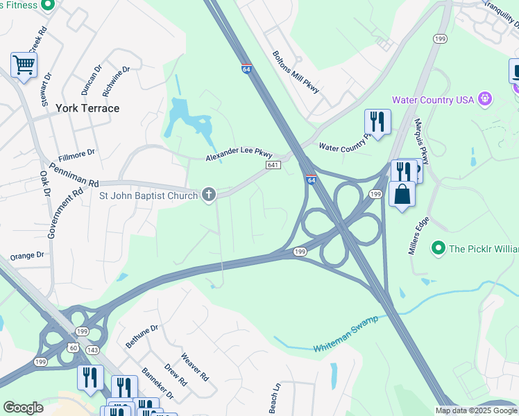 map of restaurants, bars, coffee shops, grocery stores, and more near 209 High Point Road in Williamsburg