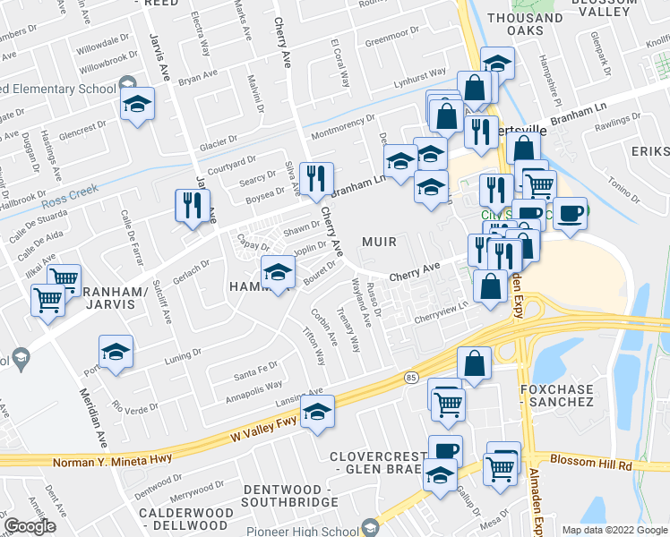 map of restaurants, bars, coffee shops, grocery stores, and more near in San Jose