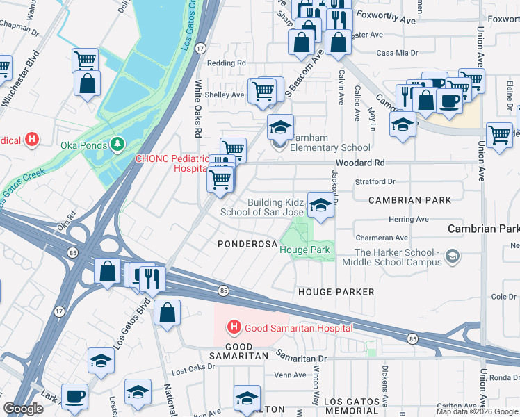 map of restaurants, bars, coffee shops, grocery stores, and more near 2371 Sunrise Drive in San Jose