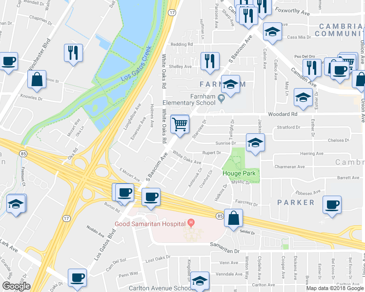 map of restaurants, bars, coffee shops, grocery stores, and more near 3967 Starview Drive in San Jose