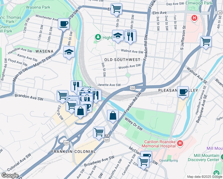 map of restaurants, bars, coffee shops, grocery stores, and more near 520 Janette Avenue Southwest in Roanoke