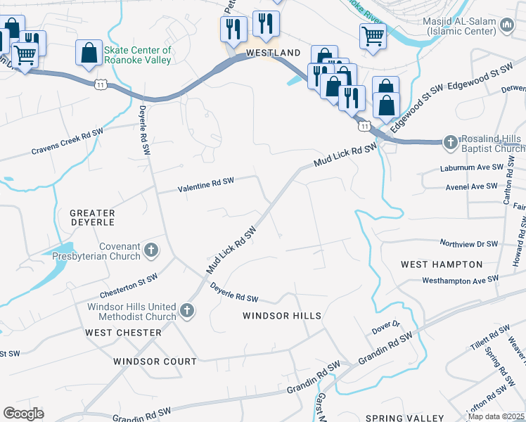 map of restaurants, bars, coffee shops, grocery stores, and more near 3333 Mudlick Road Southwest in Roanoke