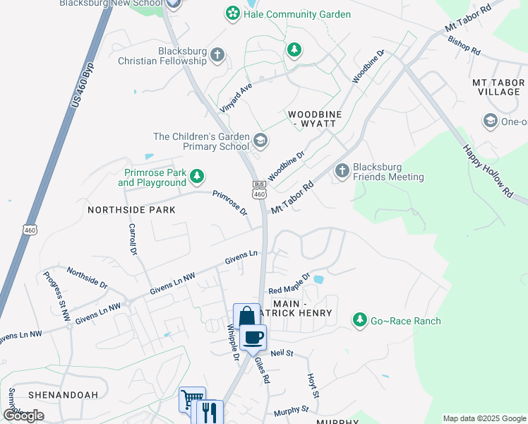 map of restaurants, bars, coffee shops, grocery stores, and more near 2004 North Main Street in Blacksburg
