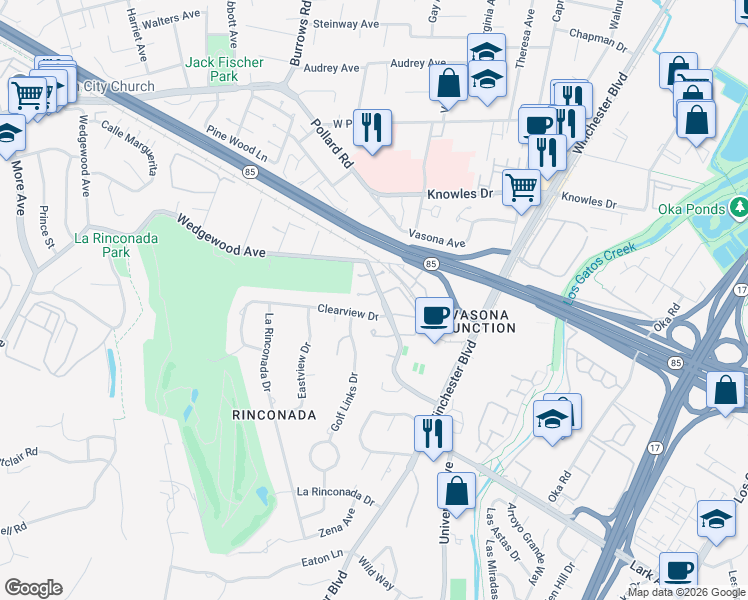 map of restaurants, bars, coffee shops, grocery stores, and more near 101 Lancewood Place in Los Gatos