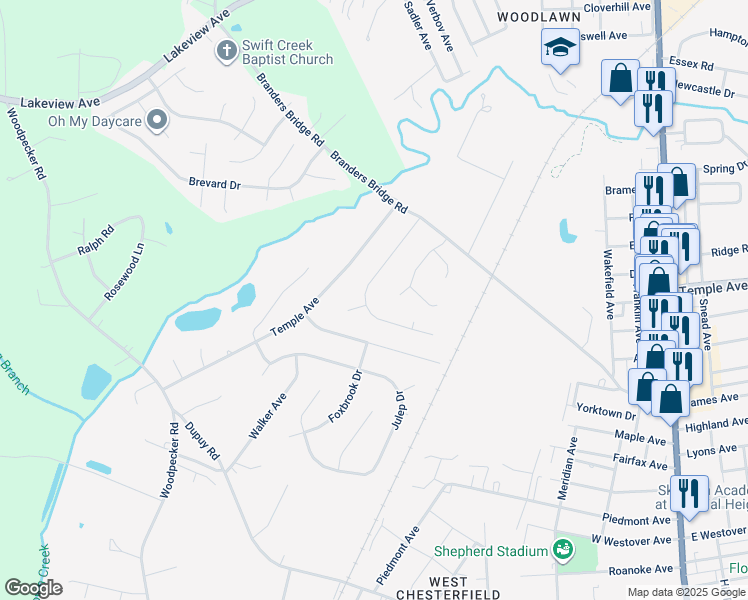 map of restaurants, bars, coffee shops, grocery stores, and more near 19217 Braebrook Drive in Ettrick