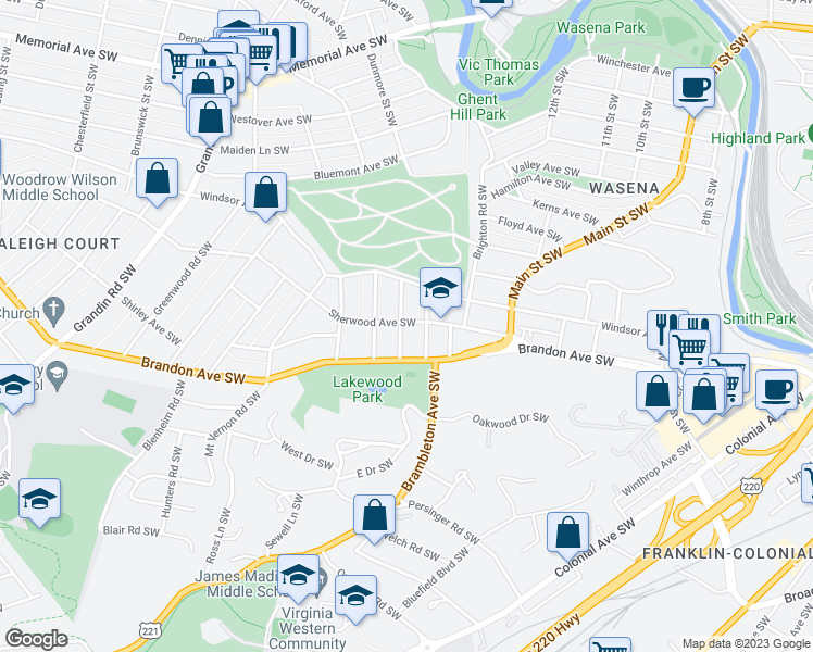 map of restaurants, bars, coffee shops, grocery stores, and more near 1902 Sheffield Road Southwest in Roanoke