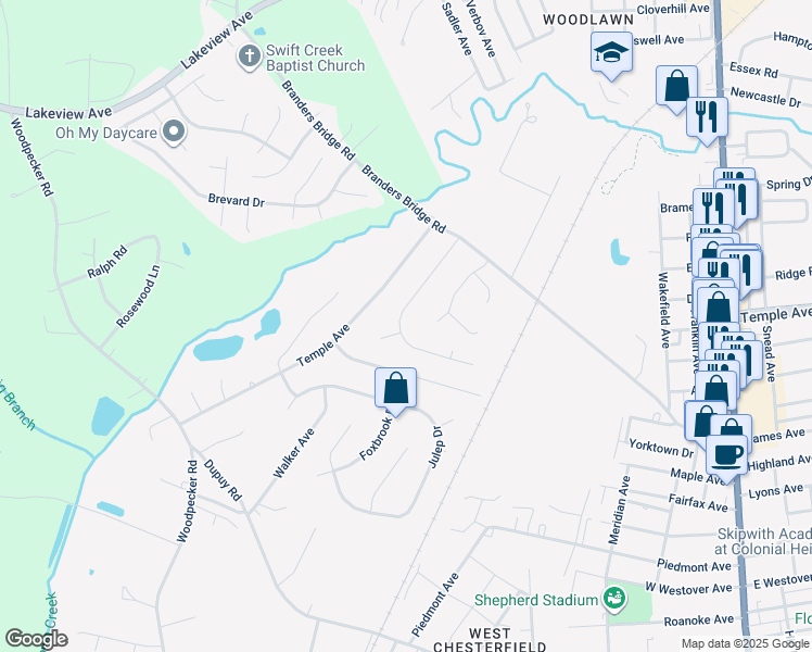 map of restaurants, bars, coffee shops, grocery stores, and more near 19217 Braebrook Drive in Ettrick