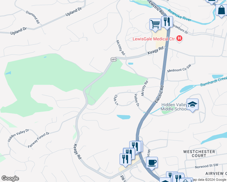 map of restaurants, bars, coffee shops, grocery stores, and more near 5663 Club Lane in Roanoke