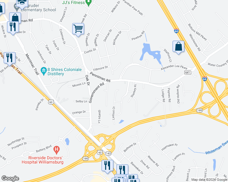 map of restaurants, bars, coffee shops, grocery stores, and more near 113 Cotswold Court in Williamsburg
