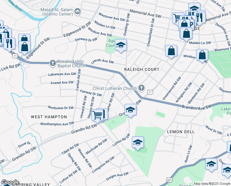 map of restaurants, bars, coffee shops, grocery stores, and more near 2120 Carter Road Southwest in Roanoke